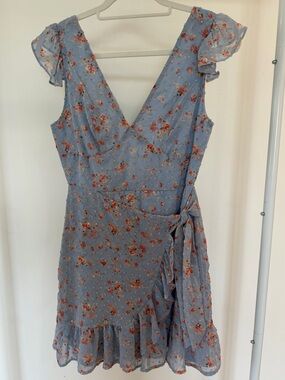 Blue Floral Wrap Mini Dress with Ruffle Hem
